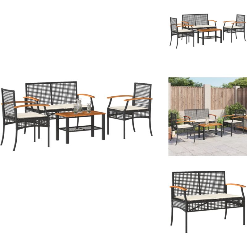 4-tlg. Garten-Lounge-Set mit Kissen Schwarz Poly Rattan - Gartenmöbel - Lounge Set - Rattan Möbel - Outdoor Möbel - Gartentisch