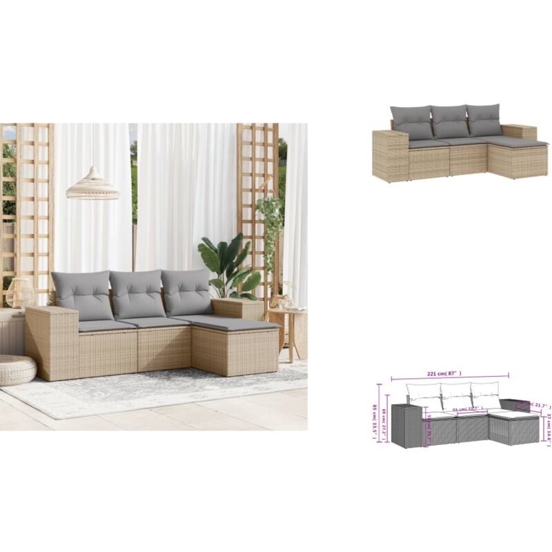 4-tlg. Garten-Sofagarnitur mit Kissen Beige Poly Rattan - Gartenmöbel - Sofagarnitur - Rattan Möbel - Outdoor Möbel - Lounge Set