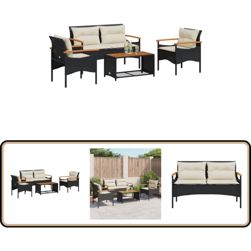 4-tlg. Garten-Sofagarnitur mit Kissen Schwarz Poly Rattan - Gartenmöbel - Esstischgarnitur - Outdoor-Set - Balkonmöbel - Lounge Set