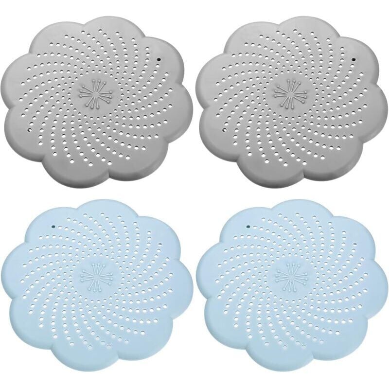 4 universelle Silikon-Abflusssiebe, Silikon-Abflussschutz, Haarfänger für Dusche und Badewanne, für Spüle, Küche und Dusche – 2 graue und 2 blaue