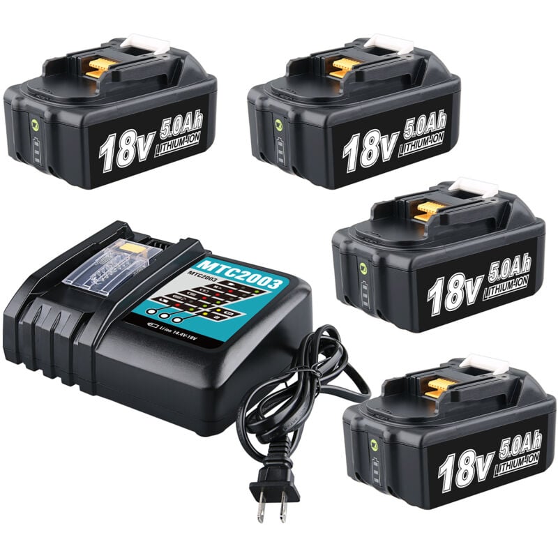 Pdstation - 4 x BL1860 18 v 5,0 Ah Akku und 3 a DC18RC Ladegerät für Makita, kompatibel mit Makita 18 v lxt Li-Ionen-Akkus BL1850, BL1840, BL1830,