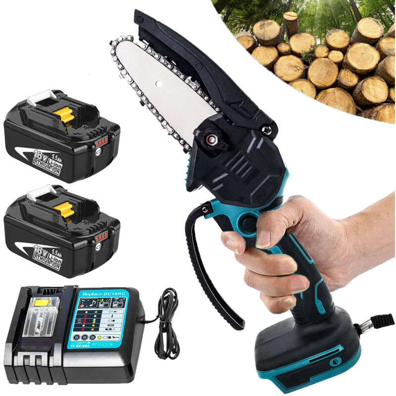 4-Zoll-Mini-Akku-Elektrokettensäge, Holzsäge, Einhandsäge, Blankholzschneider + 2 Stück 5,5-Ah-Akku + DC18RC-Ladegerät, kompatibel mit Makita BL-Akku