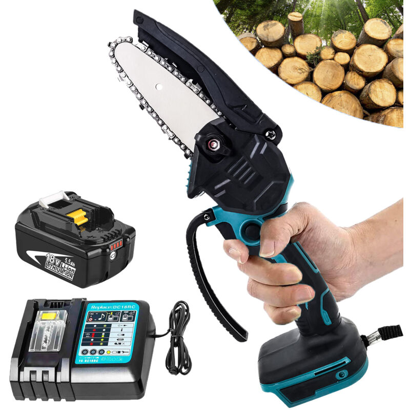 4-Zoll-Mini-Akku-Elektrokettensäge, Holzsäge, Einhandsäge, Blankholzschneider + 5500-mAh-Akku + DC18RC-Ladegerät, kompatibel mit Makita BL-Akku