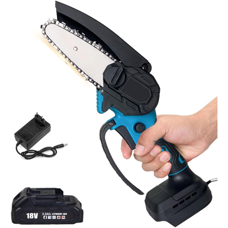 Mawiron - 4-Zoll-Mini-Akku-Kettensäge, elektrische Kettensägen mit Sicherheitsverriegelung, kleine tragbare Kettensäge, 1 3,0-A-Akku + Ladegerät,