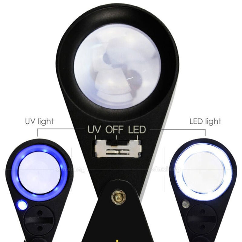 40-fache Schmucklupe, LED/UV-Lupe, 21 mm Triplet-Linse, optisches Glas, Taschen-Edelsteinlupe, Juwelier-Werkzeug, Briefmarken-Philatelist,