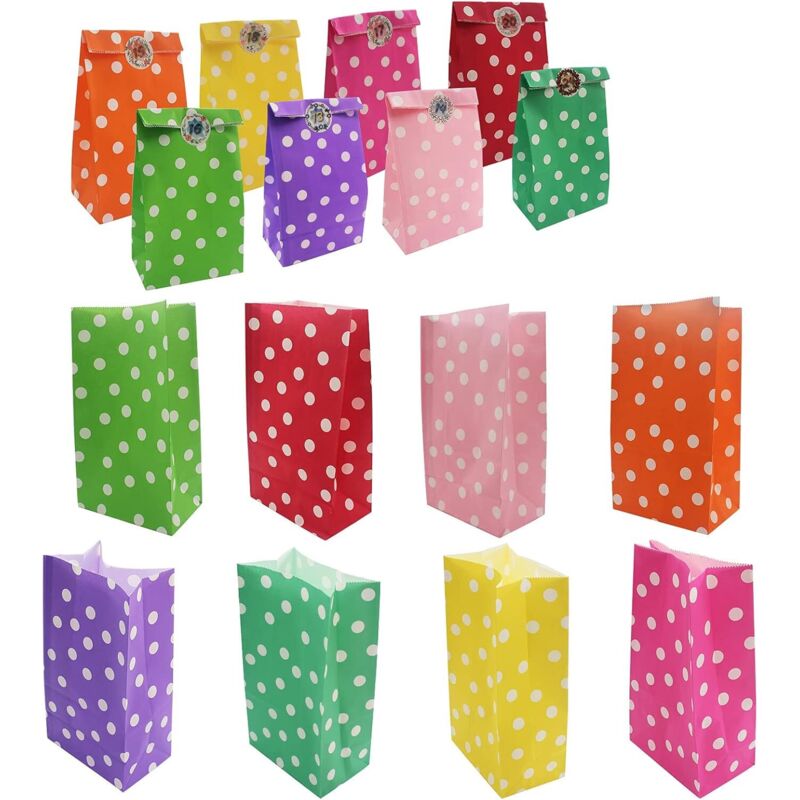 40 farbige Kraftpapier-Geschenktüten, 48 runde Geschenktüten mit Aufklebern, Papiertüten für Süßigkeiten, Kekse, Nüsse, Hochzeiten