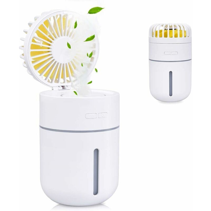 400-ml-Mini-Luftbefeuchter mit Ventilator, USB-wiederaufladbarer tragbarer Ventilator, Luftreiniger, superleises Nachtlicht, 2 Kaltnebelmodi,