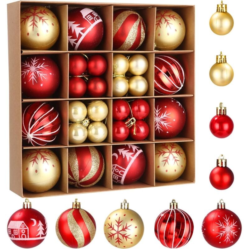 42-teiliges Set Weihnachtskugeln, 6 cm große Christbaumkugeln mit Aufhängehaken, bruchsichere Kunststoffkugeln, Dekoration für Zuhause, Rot und Gold