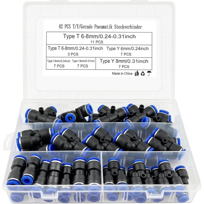 42 x Pneumatische Armatur T/Y/I Gerade Typ Schnellkupplung Druckluft 6mm/8mm Kompressoranschluss mit Box