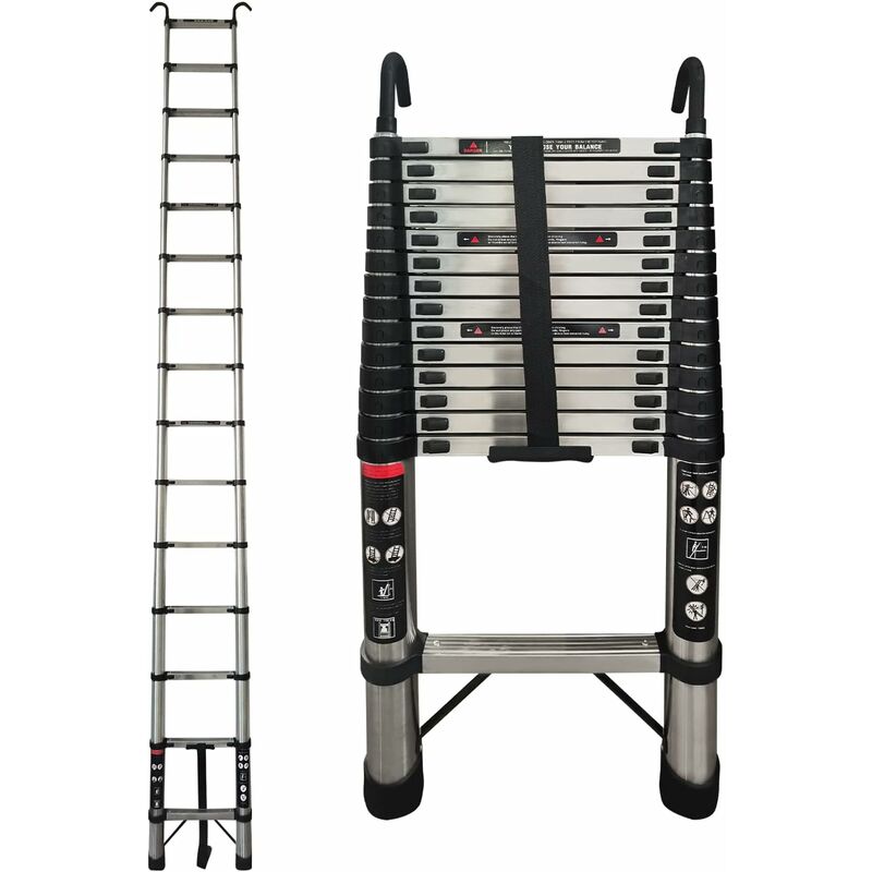 4,4M Teleskopleiter mit Haken Edelstahl Leiter Klappleiter Ausziehleiter Stehleiter Rutschfester, Teleskop-Design, aus hochwertigem Edelstahl ,
