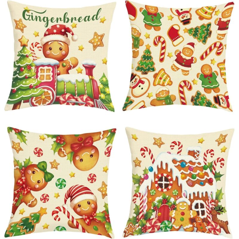45x45cm Kissenbezug-Set (4er-Set) mit Lebkuchen-Weihnachtsmotiven, Zuckerwatte, Zug, Rentier, Weihnachtsbaum und Schneemann für Sofakissen und