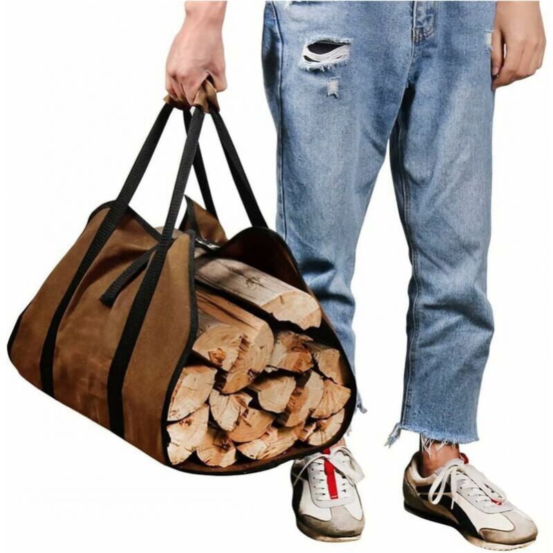 Cyslmuk - 46 x 98 cm große braune Tragetasche für Brennholz, Tragetasche für Brennholz aus Segeltuch, wasserabweisende Tragetasche für Holzscheite,