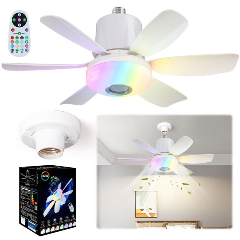47 cm RGB-Deckenventilator mit Licht und Fernbedienung – dimmbare RGB-Farben, einstellbare Windgeschwindigkeit 3, Timer, leiser Deckenventilator für