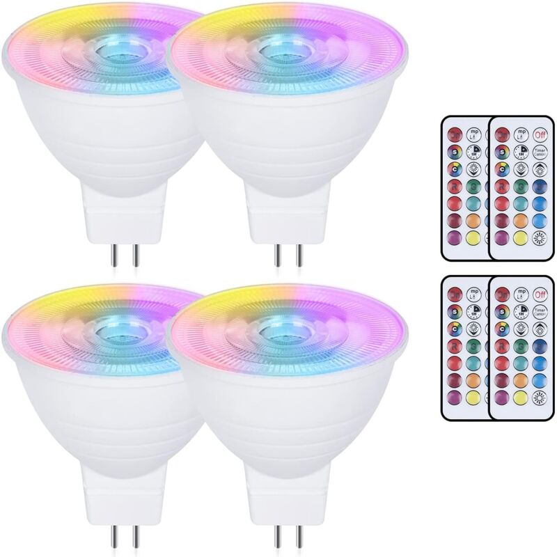 4er-Pack MR16 3W GU5.3 farbwechselnde LED-Lampen - AC/DC 220V - RGB dimmbar + warmweiß 3000K - Reflektor mit Fernbedienung - Speicherfunktion