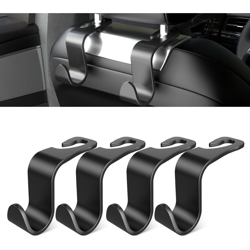 4er-Set Autositz-Rückenlehnenhaken – Auto-Innenausstattung – Schwarzer Kunststoff – Geeignet für Handtaschen, Einkaufstaschen, Kleidung