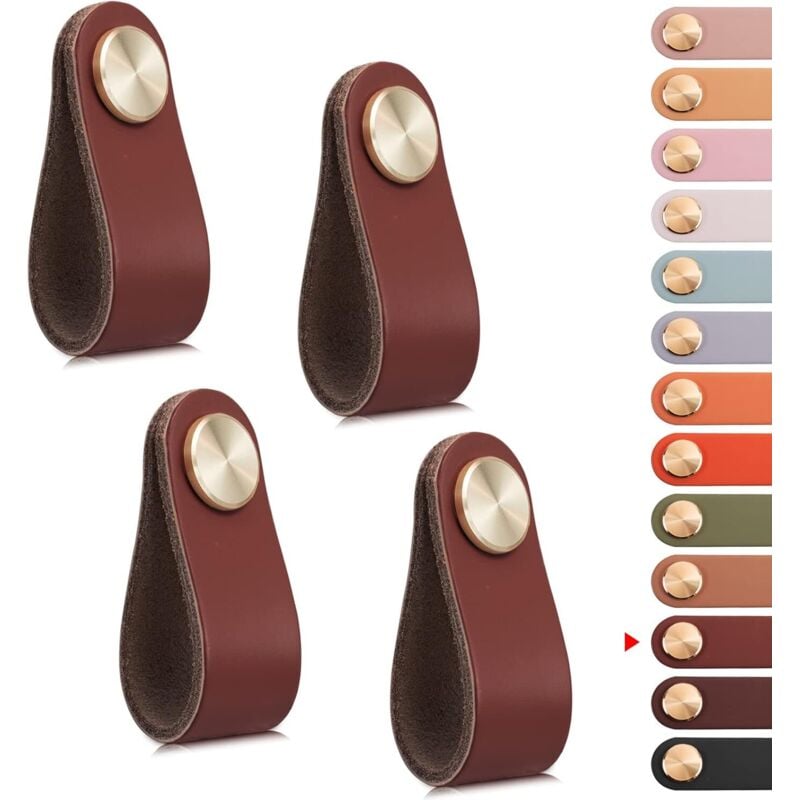 4er-Set Schranktürgriffe aus Leder und Messing, Burgunderrot, Länge 65 mm, Schubladengriffe mit Schrauben, passend für Kleiderschränke