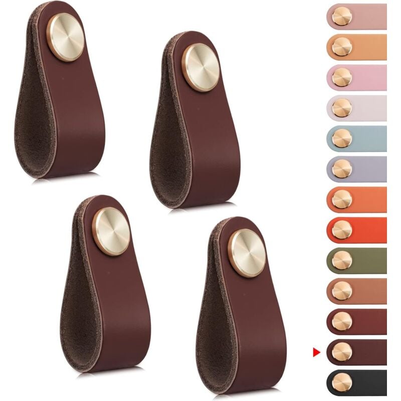 4er-Set Schranktürgriffe aus Messing und dunkelbraunem Leder, 65 mm lang, mit Schrauben, geeignet für Kleiderschränke und Küchen
