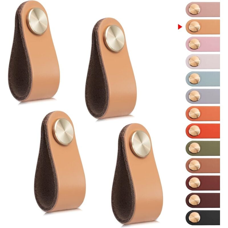 4er-Set Schranktürgriffe aus Messing und khakifarbenem Leder, 65 mm lang, mit Schrauben, geeignet für Kleiderschränke und Küchen