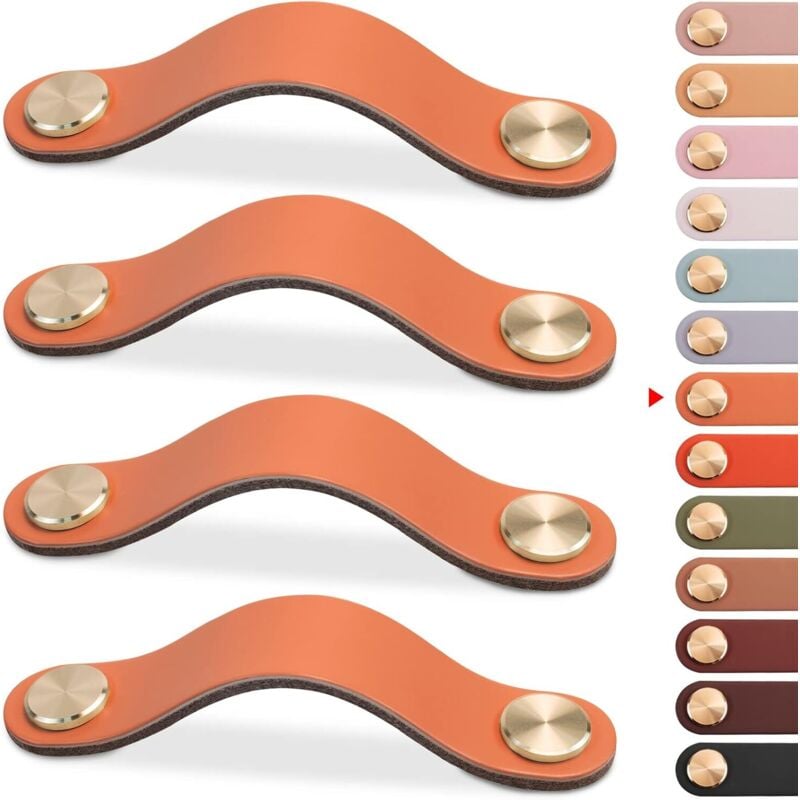 4er-Set Schranktürgriffe aus Messing und orangefarbenem Leder, 130 mm lang, mit Schrauben, geeignet für Kleiderschränke und Küchen