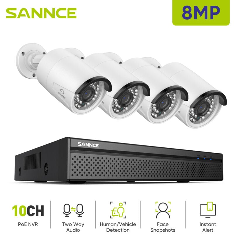 4K Kit de Vidéosurveillance Exterieure 4×IP Caméras Smart ir Vision Nocturne Audio Bidirectionnel Système de Caméra de Sécurité - Sannce