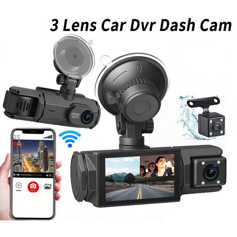 4K WiFi Dashcam Auto Vorne Hinten Innenraum, 64G SD-Karte, 2160P+1080P+1080P FHD 3-Kanal Dashcam, Dreifache 360°-Autokamera für alle Seiten,