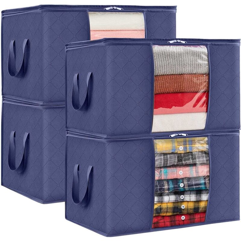 4x Organizer, Hülle, Tasche zur Aufbewahrung von Kleidung, Decken, Bettwäsche, Steppdecken, BAGGI, marineblaues 4er-Set.