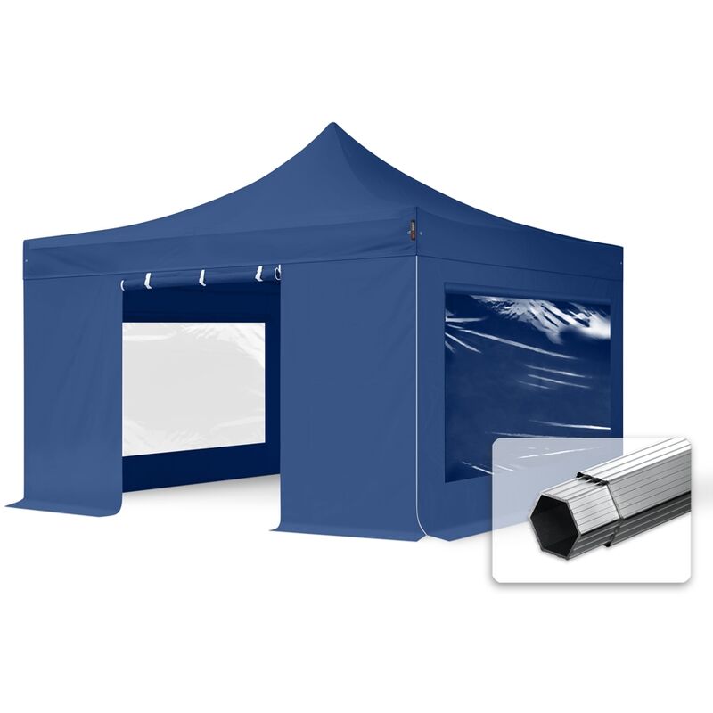 4x4 m Faltpavillon PROFESSIONAL Alu 40mm, Seitenteile mit Panoramafenstern, blau