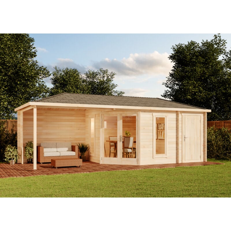5-Eck Gartenhaus Liwa mit Anbau Gartenhaus aus Holz, Holzhaus mit 28 mm Wandstärke inklusive Terrasse, Blockbohlenhaus mit Montagematerial - Alpholz