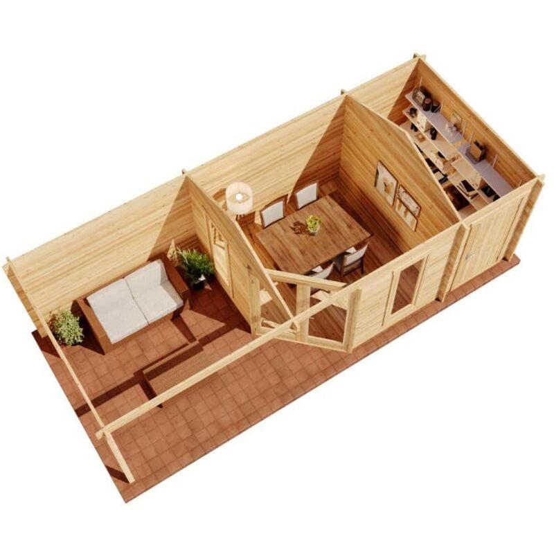 Alpholz 5-Eck Gartenhaus Liwa mit Anbau Gartenhaus aus Holz in Pinie, Holzhaus mit 28 mm Wandstärke inklusive Terrasse, Blockbohlenhaus mit