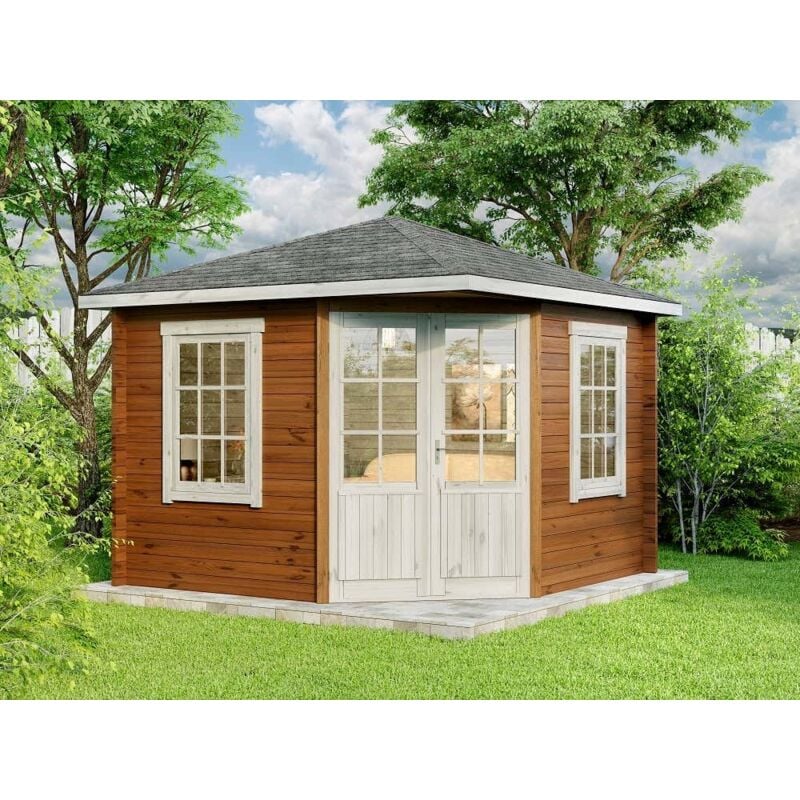 5-Eck Gartenhaus Monica aus Massiv-holz, Gerätehaus Garten Holzhaus inkl. Montagematerial, Geräteschuppen Größe: 300 x 300 cm, Spitzdach, 28 mm