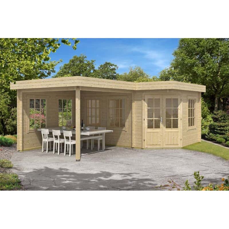 5-Eck Gartenhaus Pepe Gartenhaus aus Holz in Pinie, Holzhaus mit 28 mm Wandstärke inklusive Terrasse, Blockbohlenhaus mit Montagematerial - Alpholz