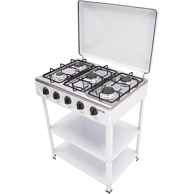 5 Flammig Gaskochfeld Freistehender, 2.5KW Tragbarer Gaskocher mit 2 Einlegeböden unb Abdeckung, Campingkocher Gasherd für Propan- und Erdgas