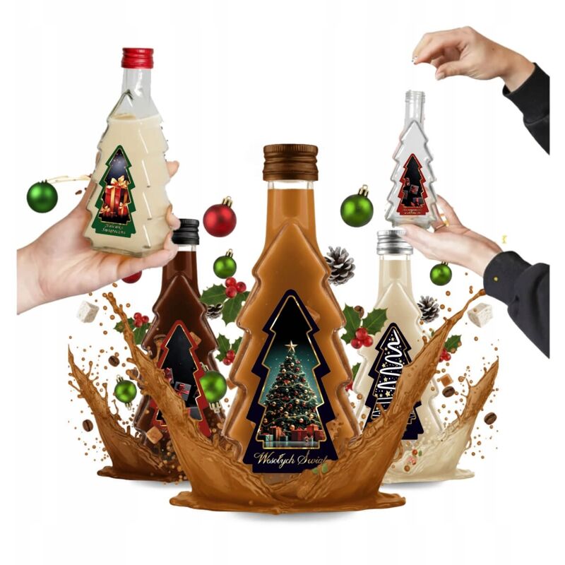 5 Flaschen mit Weihnachtsbaum-Motiv (250 ml) + Flaschen mit Weihnachtsbaum-Etikett für Weihnachtslikör