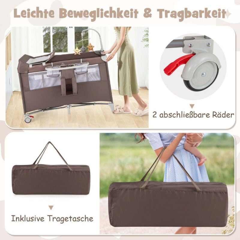 Northix - 5 in 1 beistellbett klappbar reisebett mit matratze 2 ebene babybett mit rollen braun