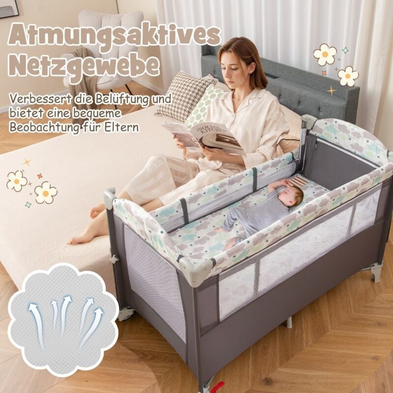 Northix - 5 in 1 beistellbett klappbar reisebett mit matratze 2 ebene babybett mit rollen grau