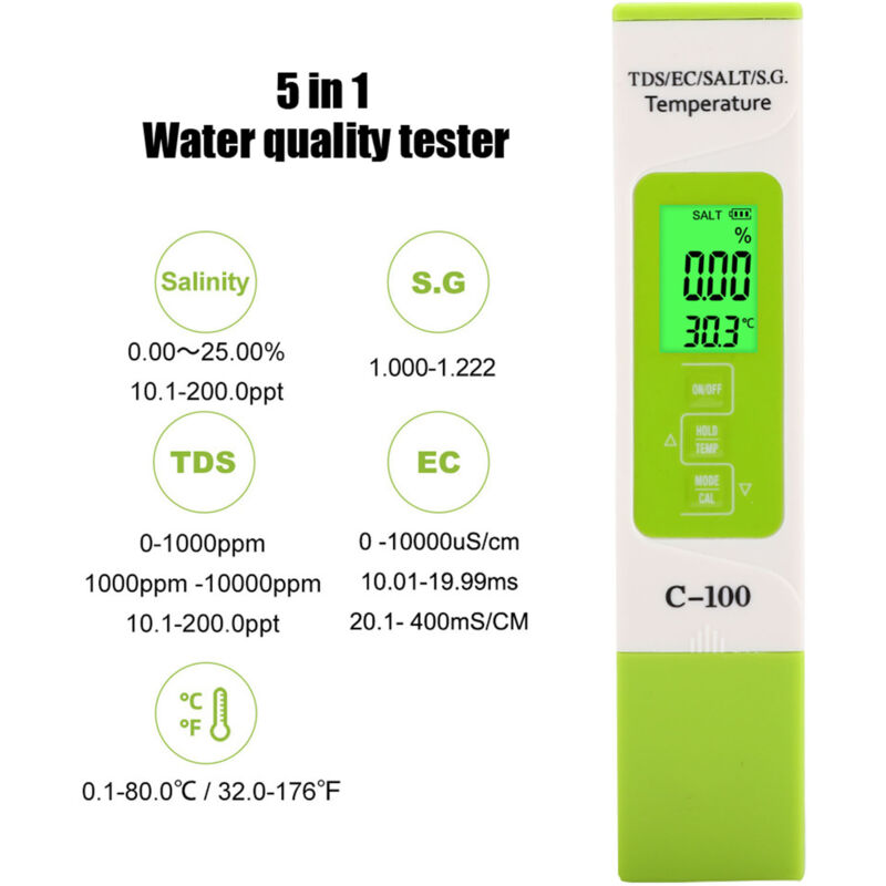 Ej.life - 5-in-1-Digital-Meerwasserqualitätstester, tragbar, SG/Salzgehalt/Temperatur/TDS/EC für Pools, Aquarien und Salzwasser