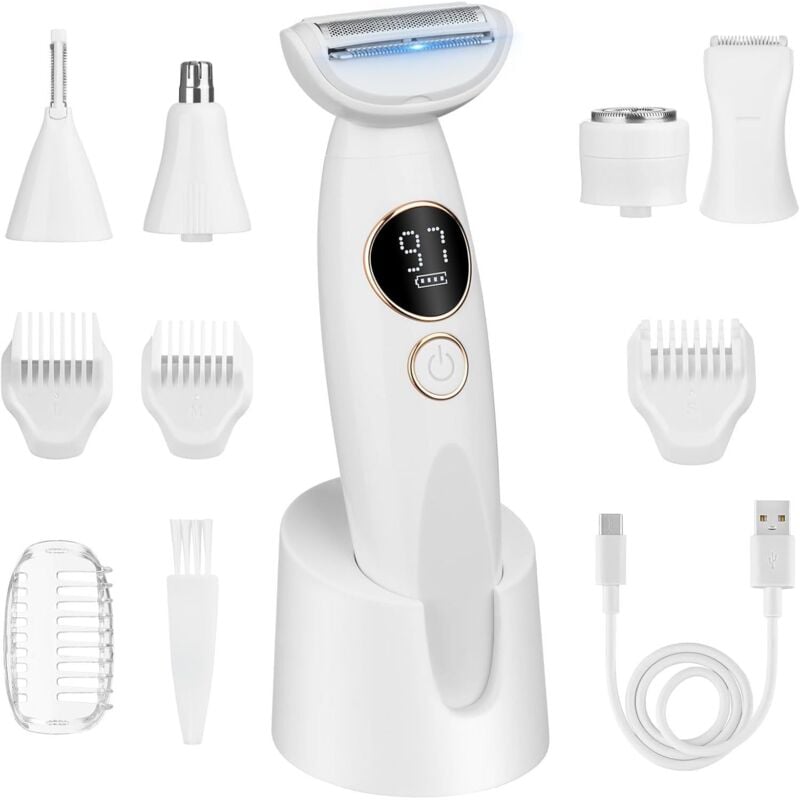 5-in-1-Elektrorasierer für Damen, Bikini-Trimmer, IPX7 wasserdicht, mit USB-Ladestation für Gesicht, Körper, Augenbrauen und Bikini