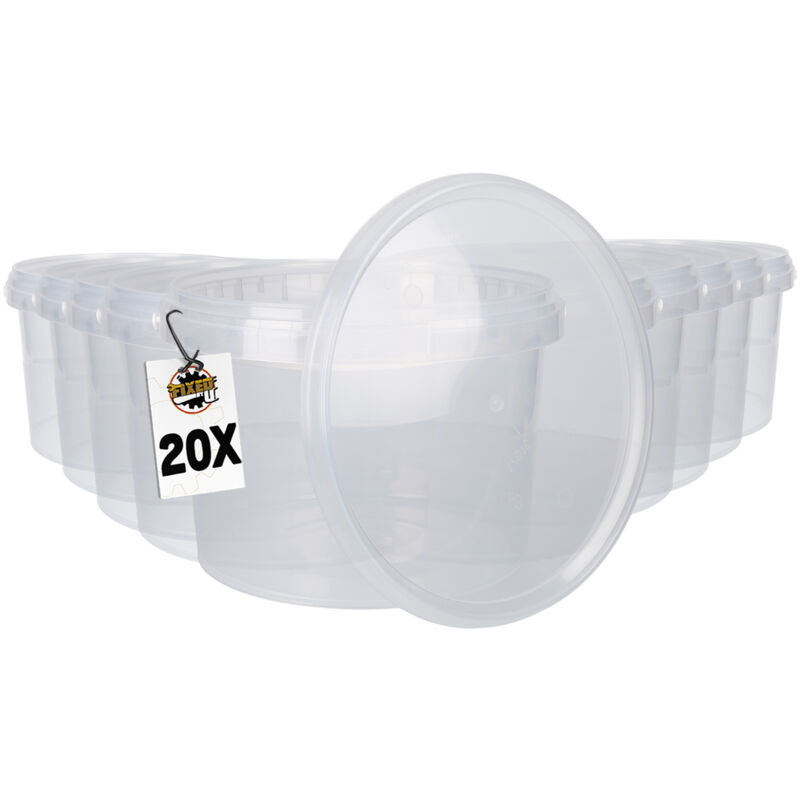 Fixedbyu - 20 Kunststoffeimer mit Deckel, Kunststoff Griff,PP, rund,3 Liter, Lebensmittelecht Transparent
