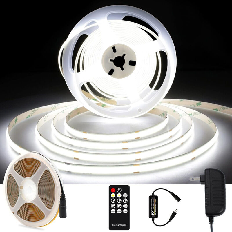 5 m COB-LED-Streifen, 3000 k warmweißer LED-Streifen, 24 v dimmbarer COB-LED-Streifen, CRI92, 8 mm Breite, mit Fernbedienung und Netzteil, für