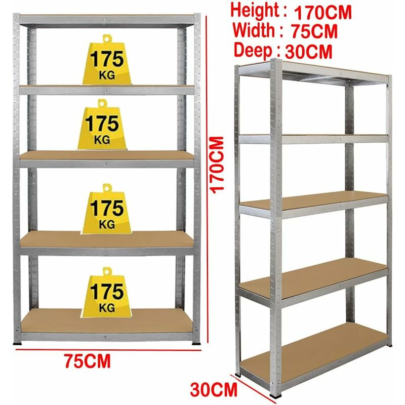 5 Stöckiges Schwerlastregal Regal, Lagerregal Garagenregal, Metallregal Verzinkt - 170cm x 75cm x 30cm