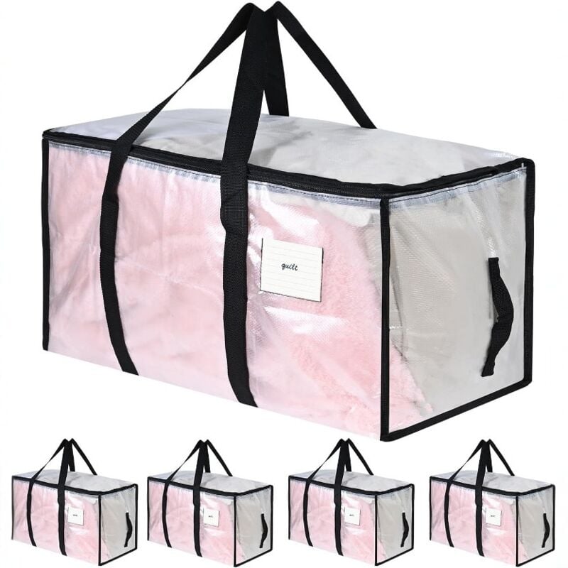 5 Stück 90L Aufbewahrungstasche, Heavy-Duty Umzugstaschen Transparente Umzugskartons Große mit Reißverschluss Griff Faltbar Aufbewahrungsbox für
