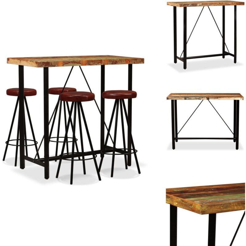 5-tlg. Bar-Set Altholz Massiv und Echtleder - Industriel Style - Bar Set - Bar Tisch - Barhocker - Altholz