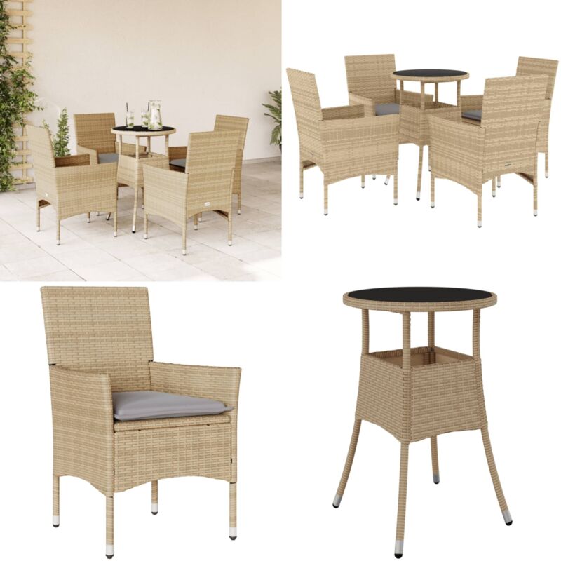5-tlg. Garten-Essgruppe mit Kissen Beige Poly Rattan und Glas - Gartenmöbel - Essgruppe - Gartenset - Outdoor Möbel - Terrassenmöbel - Home & Living