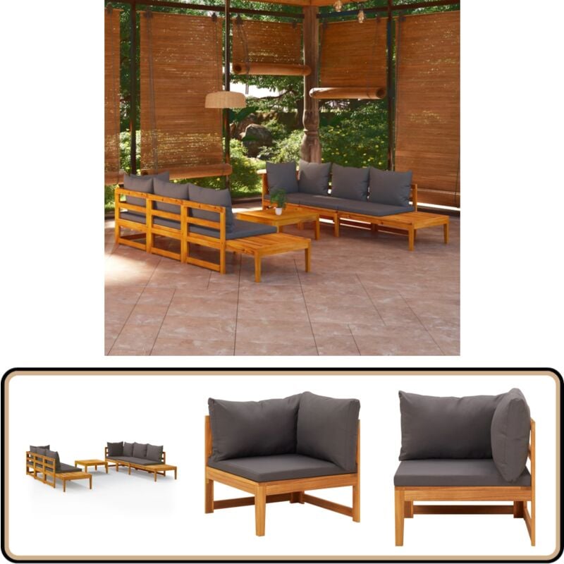5-tlg. Garten-Lounge-Set mit Dunkelgrauen Kissen Akazienholz - Garten Lounge Set - Holz Möbel - Akazienholz - Gartenmöbel - Esstisch