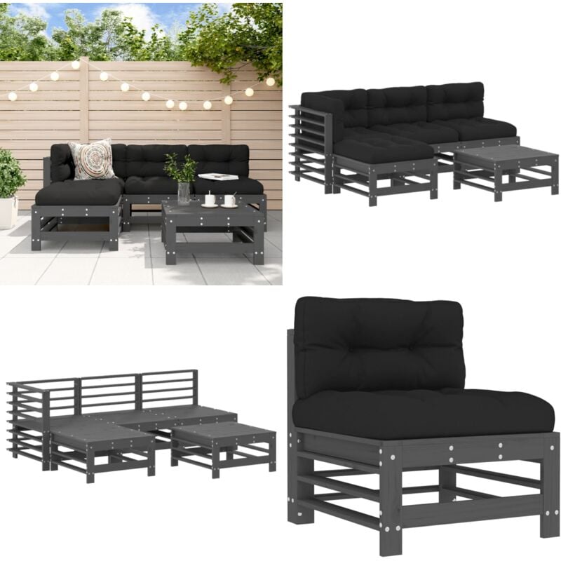 5-tlg. Garten-Lounge-Set mit Kissen Grau Massivholz - Gartenmöbel - Loungemöbel - Rattan Möbel - Holz Gartenmöbel - Esszimmergarnituren - Home &