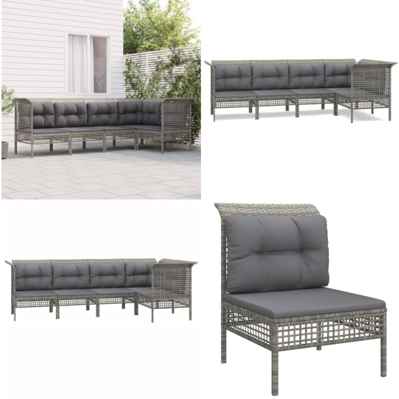 5-tlg. Garten-Lounge-Set mit Kissen Grau Poly Rattan - Garten Möbel - Loungesessel - Outdoor Möbel - Garten Lounge Set - Rattan Möbel - Home & Living