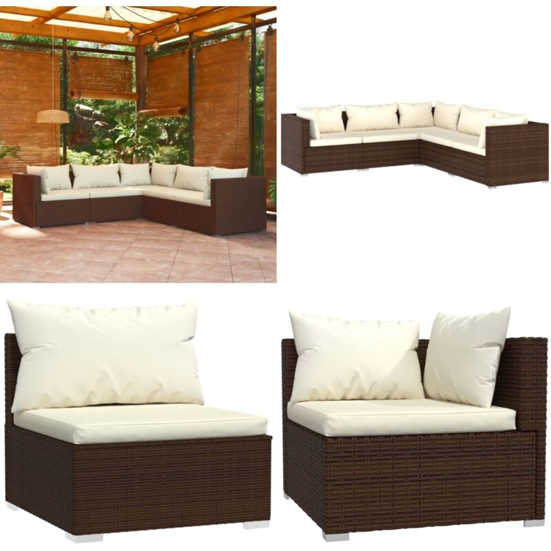 5-tlg. Garten-Lounge-Set mit Kissen Poly Rattan Braun - Gartensortiment - Lounge Set - Gartenmöbel - Outdoor Möbel - Rattan Gartenmöbel - Home &