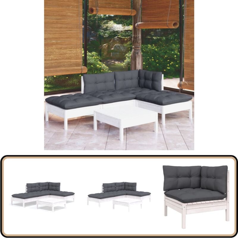 5-tlg. Garten-Lounge-Set mit Kissen Weiß Kiefernholz - Garten Lounge Set - Kiefernholz Möbel - Outdoor Möbel - Gartenmöbel - Esszimmergarnitur