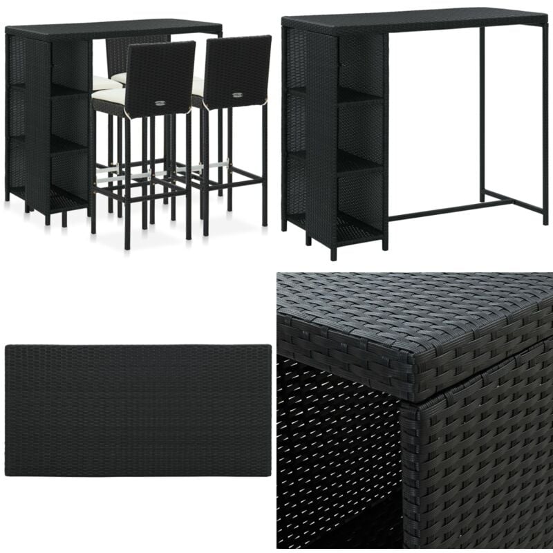 5-tlg. Gartenbar-Set mit Kissen Poly Rattan Schwarz - Gartenbar - Outdoor-Bar - Rattan-Bar - Gartenmöbeln - Balkonmöbel - Home & Living