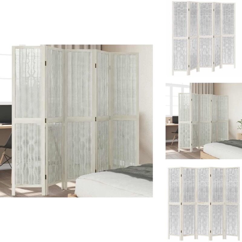 5-tlg. Raumteiler Weiß Massivholz Paulownia - Raumteiler - Weidenkorb - Holzrahmen - Paulownia - Weißer Raumteiler